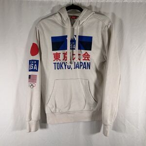 US Olympic Team Tokyo Hoodie Men's Small White Graphic Print Drawstring Pockets